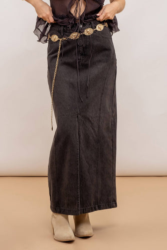 PANELED DENIM MIDI SKIRT
