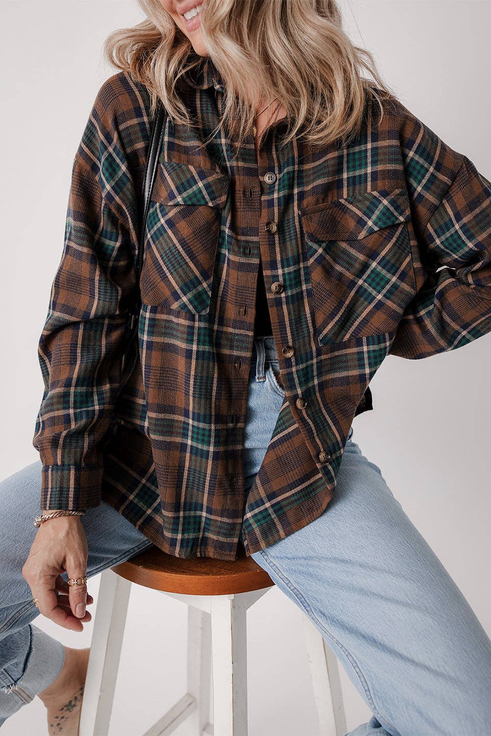 Plaid Chest Pockets Buttoned Shirt Jacket: Brown / S
