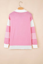 Load image into Gallery viewer, Colorblock Stripe Collared V-Neck Polo Sweater: Pink / XL