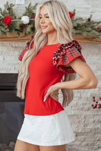 Load image into Gallery viewer, Plaid Patchwork Pearl Ruffle Sleeve T-Shirt