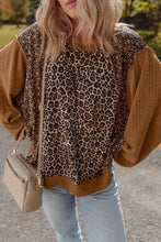 Load image into Gallery viewer, Leopard Floral Ribbed Patchwork Pullover: Brown / XL