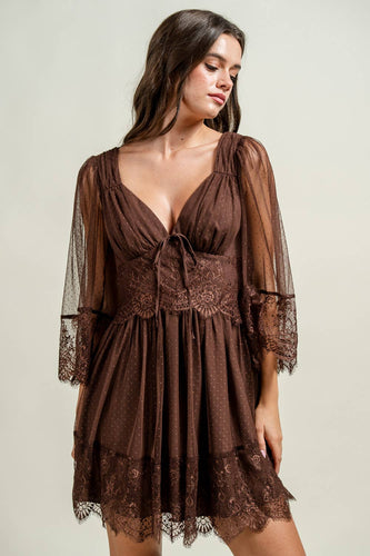 DOTTED MESH WITH EYELASH TRIMME SHORT DRESS