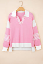 Load image into Gallery viewer, Colorblock Stripe Collared V-Neck Polo Sweater: Pink / XL