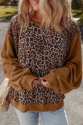 Leopard Floral Ribbed Patchwork Pullover: Brown / L