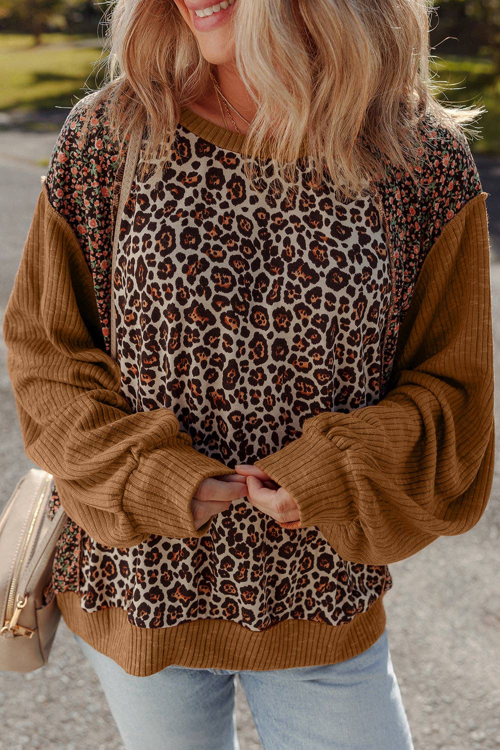 Leopard Floral Ribbed Patchwork Pullover: Brown / S