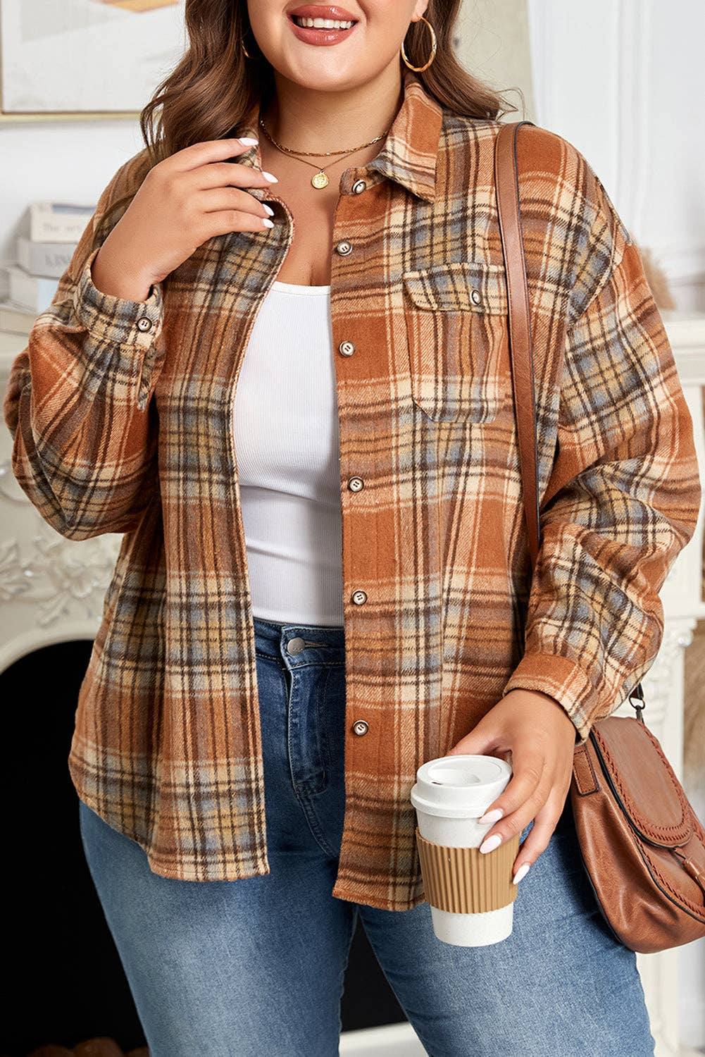 Plus Size Plaid Flap Pocket Buttoned Shacket: Brown / 1X