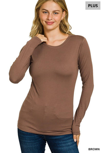 Plus Brushed Microfiber Long Sleeve Round Neck Tee