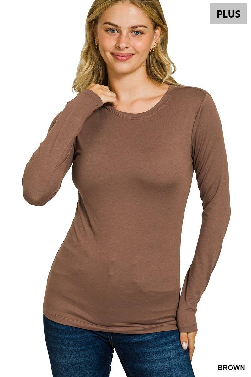 Plus Brushed Microfiber Long Sleeve Round Neck Tee