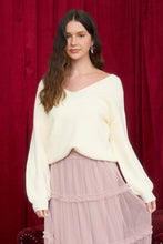 Load image into Gallery viewer, V NECK DROP SHOULDER BACK BOW TIE DETAIL SWEATER