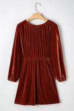 Load image into Gallery viewer, Velvet Elastic V-Neck Puff Sleeve Mini Dress