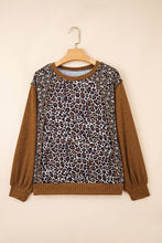 Load image into Gallery viewer, Leopard Floral Ribbed Patchwork Pullover: Brown / XL