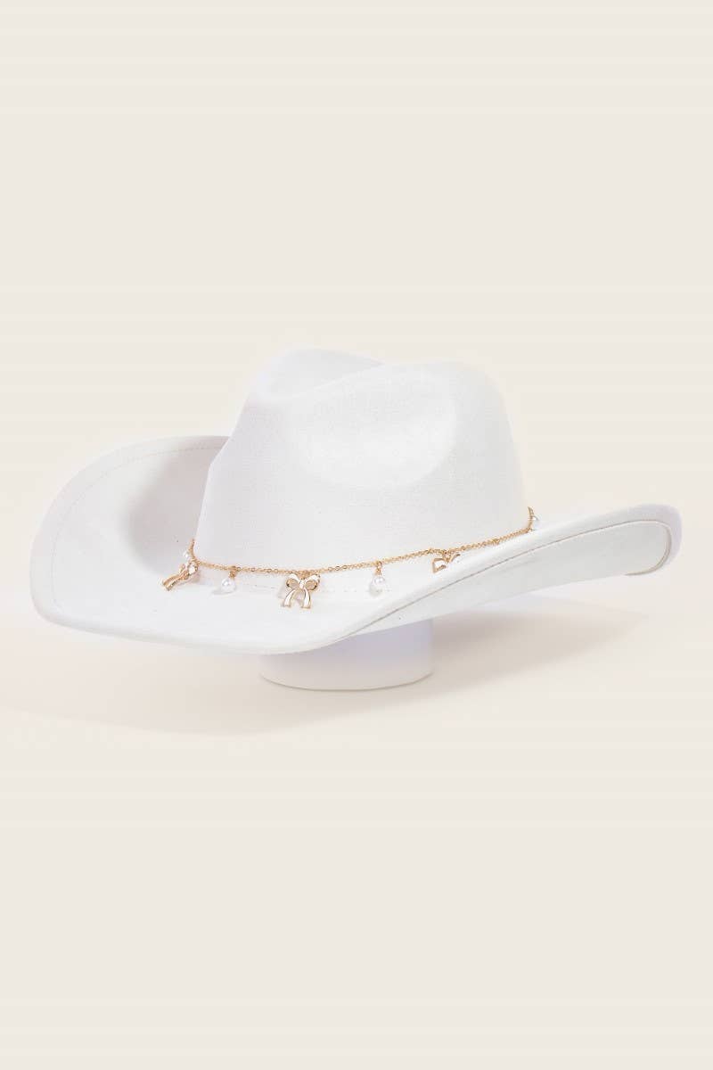 Ribbon Bow Pearl Chain Western Cowboy Hat