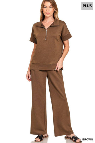 Plus Scuba High Neck Half Zip Top And Pants Set