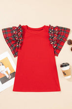 Load image into Gallery viewer, Plaid Patchwork Pearl Ruffle Sleeve T-Shirt