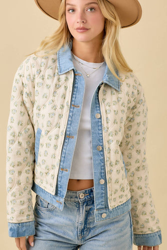 Floral Print Quilted Denim Jacket