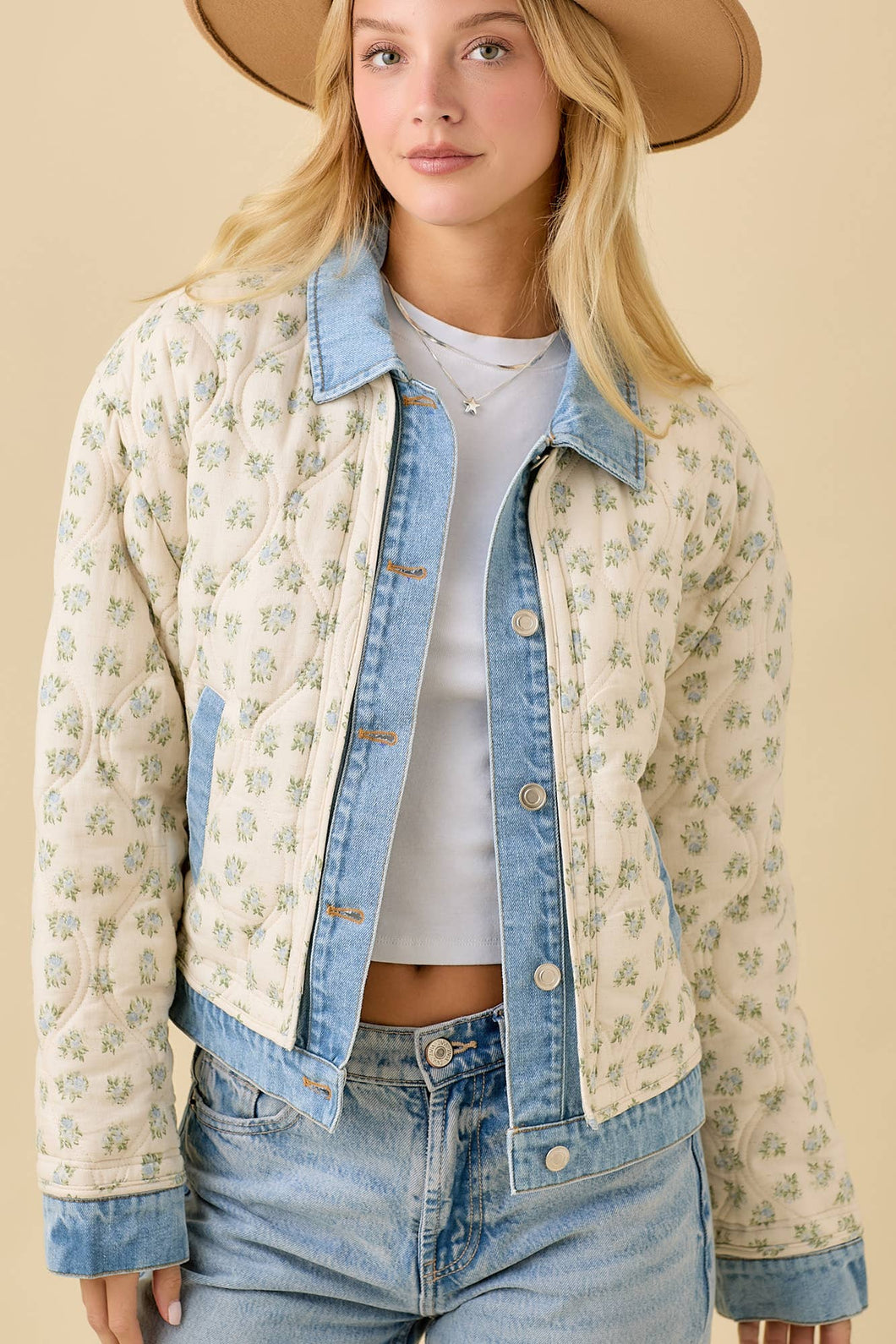 Floral Print Quilted Denim Jacket
