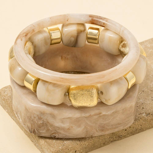 Mixed Square Resin Bangle And Beads Bracelet Set