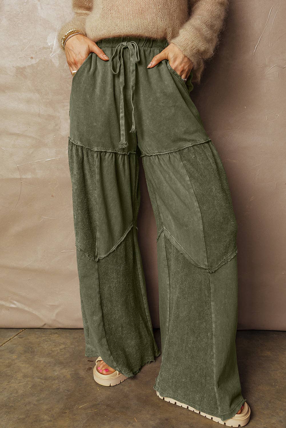 Mineral Wash Patchwork Wide Leg Drawstring Pants: Vineyard Green / XL