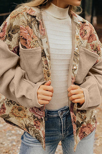 Floral Waffle Knit Patchwork Chest Pocket Buttoned Jacket: Khaki / XL