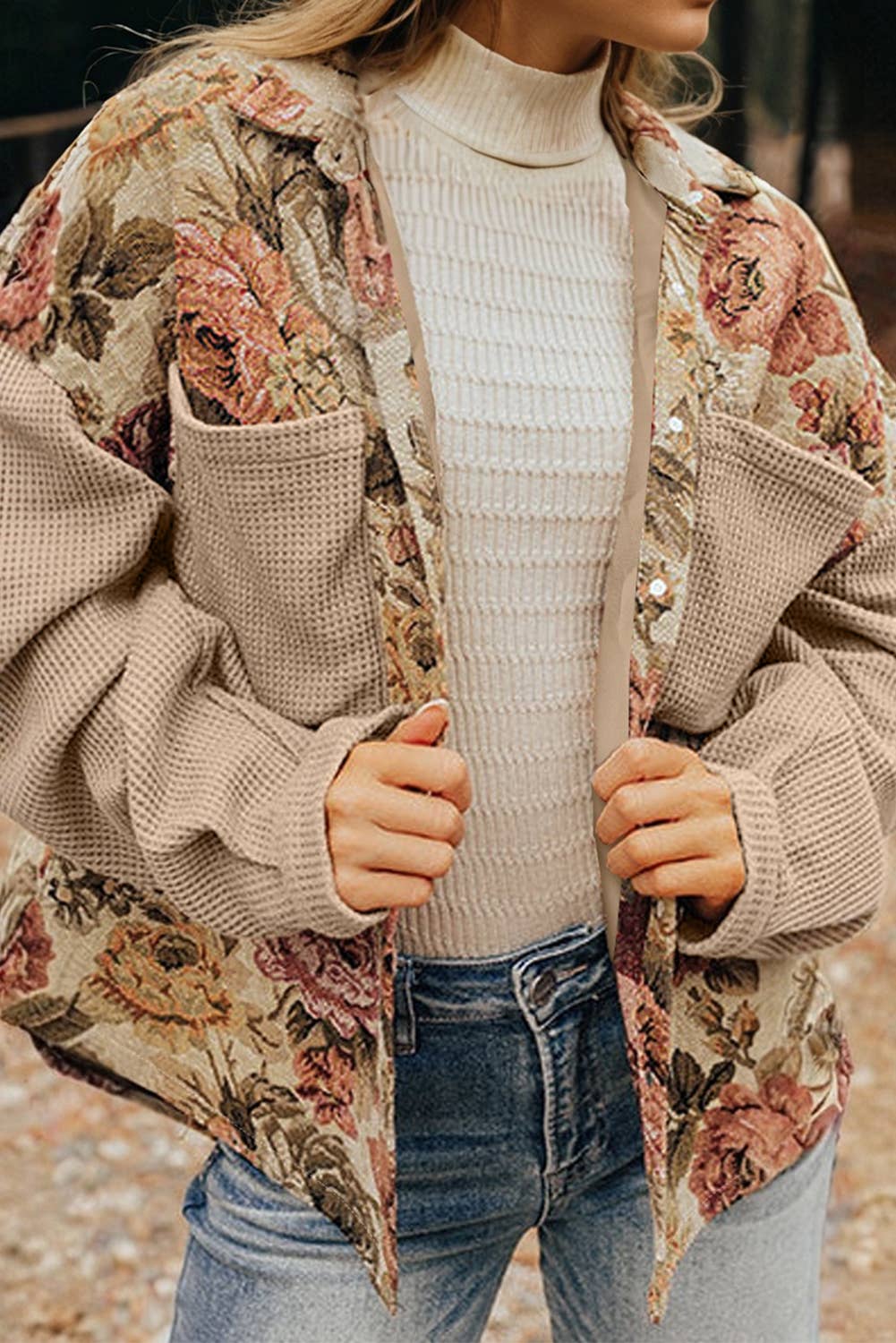 Floral Waffle Knit Patchwork Chest Pocket Buttoned Jacket: Khaki / XL