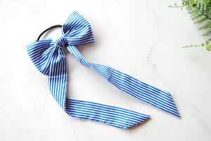 (Headbands Of Hope) Blue Striped Bow Hair Tie