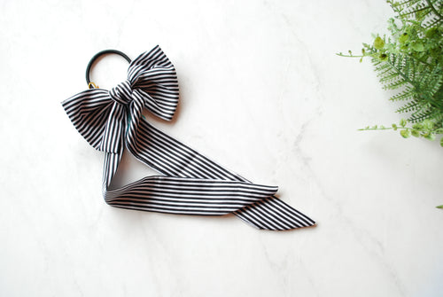 (Headbands Of Hope) Black & White Striped Bow Hair Tie