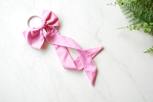 (Head Bands Of Hope) Hot Pink & White Striped Bow Hair Tie