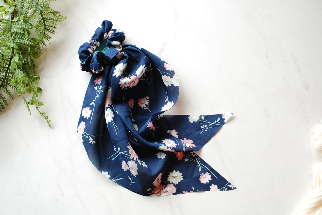 (Headbands Of Hope) Navy Floral Long Tail Scrunchie